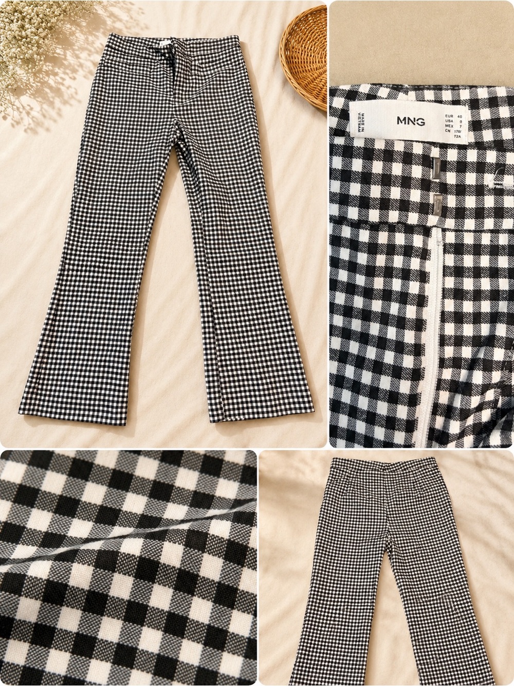 Mango Black and White Gingham Wide-Leg Pants